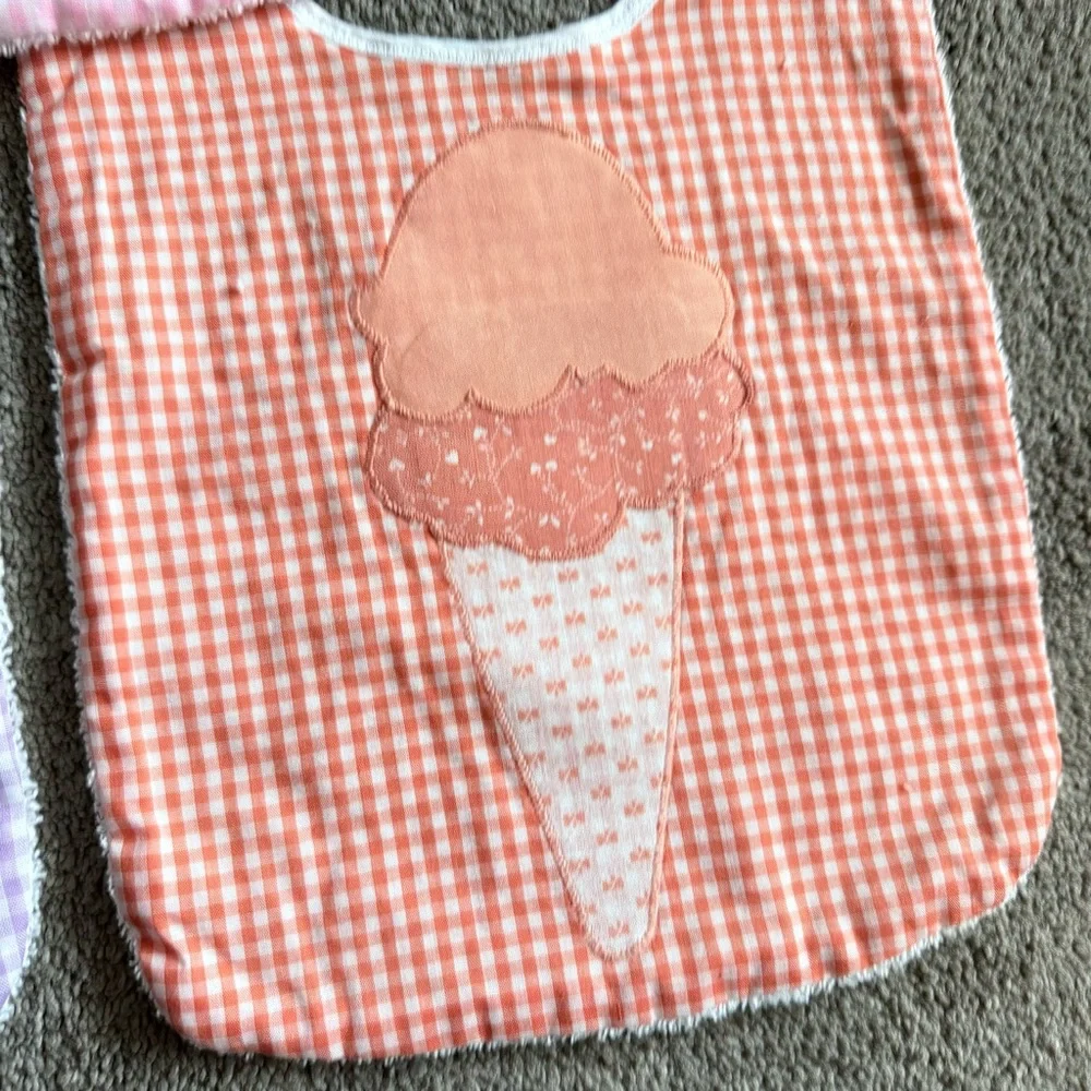 🍓Handmade Gingham Floral Girl Ice Cream Bunny Terry Cloth Tie Back Bibs (3 Pack)